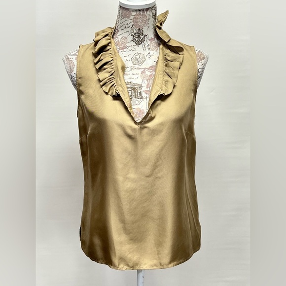 ELIZABETH MCKAY Tan ruffle collar sleeveless Silk blouse‎ size 6. - Picture 1 of 13